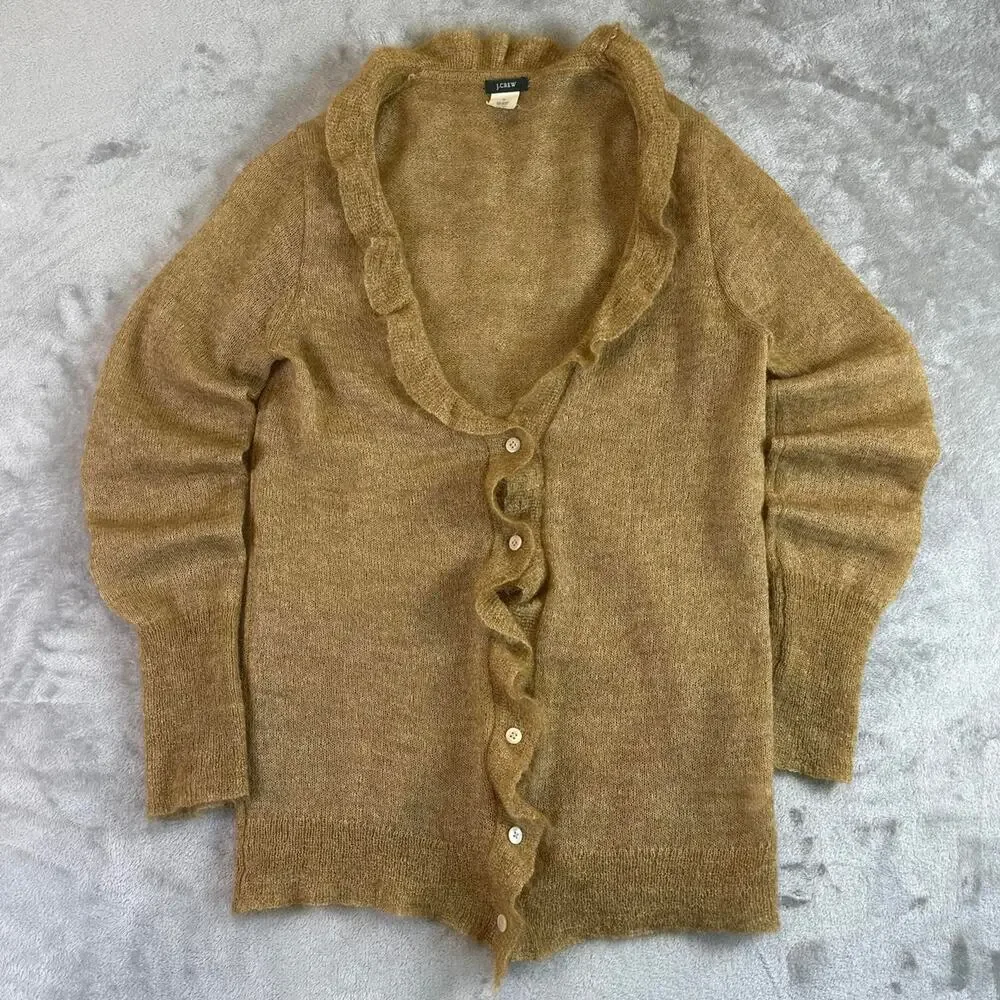 J.Crew Mohair Blend Cardigan Women's Medium Brown Ruffle Button Cozy Sweater